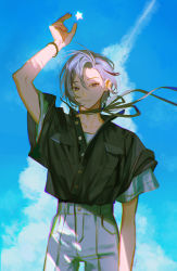 Rule 34 | 1boy, :|, arm up, asymmetrical bangs, bishounen, black shirt, bracelet, breast pocket, buttons, character request, chromatic aberration, closed mouth, cloud, collarbone, copyright request, cumulonimbus cloud, grey hair, grey pants, hair between eyes, highres, jewelry, looking at viewer, male focus, pants, pocket, purple eyes, shirt, shirt tucked in, short hair, short sleeves, signature, sky, solo, standing, star (symbol), toinana, virtual youtuber, wide sleeves