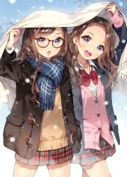 Rule 34 | 2girls, :d, ancotaku, arm up, black jacket, blue scarf, bow, bowtie, brown-framed eyewear, brown hair, brown jacket, cardigan, collared shirt, commentary request, dress shirt, earrings, forehead, fringe trim, glasses, grey skirt, head tilt, highres, jacket, jewelry, long hair, long sleeves, looking at viewer, multiple girls, open clothes, open jacket, open mouth, original, parted bangs, pink cardigan, plaid, plaid scarf, plaid skirt, pleated skirt, purple eyes, red neckwear, scarf, school uniform, shared clothes, shared scarf, shirt, siblings, sisters, skirt, sleeves past wrists, smile, stud earrings, sweater vest, swept bangs, teeth, twins, upper teeth only, white shirt
