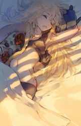 Rule 34 | 1girl, blonde hair, closed eyes, day, fang, food, girls&#039; frontline, highres, imoko (imonatsuki), long hair, messy hair, morning, navel, on bed, open mouth, pillow, pizza, s.a.t.8 (girls&#039; frontline), shorts, sidelocks, sleeping, sleepwear, solo, tank top, window shadow