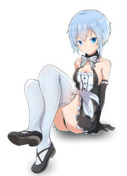 Rule 34 | 1girl, alice gear aegis, bare shoulders, blue eyes, blue hair, bow, detached collar, elbow gloves, frills, gloves, highres, looking at viewer, maid, mary janes, nina kalinina, nraib, panties, pantyshot, shoes, short hair, sitting, solo, thighhighs, underwear, white background, white thighhighs