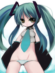 Rule 34 | atoshi, bad id, bad pixiv id, blue hair, blush, bottomless, brown eyes, detached sleeves, hatsune miku, long hair, lowleg, lowleg panties, necktie, no pants, panties, solo, striped clothes, striped panties, twintails, underwear, vocaloid