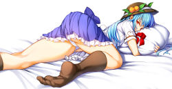 Rule 34 | 1girl, bed sheet, black socks, blue hair, blue skirt, breasts, covered mouth, feet, food, frilled skirt, frills, from behind, from below, fruit, hat, hat ribbon, highres, hinanawi tenshi, hugging object, kneehighs, kyokucho, leaf, long hair, looking at viewer, lying, miniskirt, no shoes, on bed, on stomach, panties, pantyshot, peach, pillow, pillow hug, pleated skirt, red eyes, ribbon, shirt, short sleeves, skirt, socks, soles, solo, striped clothes, striped panties, toes, touhou, underwear, upskirt, white shirt