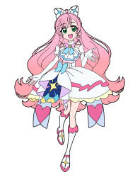Rule 34 | 1girl, absurdres, blue bow, boots, bow, braid, braided sidelock, commentary, cure prism, dress, earrings, elbow gloves, full body, gloves, green eyes, hair bow, heart, highres, hirogaru sky! precure, jewelry, knee boots, long hair, looking at viewer, magical girl, masami 01st, medium dress, nijigaoka mashiro, open mouth, pink hair, precure, simple background, sleeveless, sleeveless dress, smile, solo, standing, standing on one leg, twin braids, very long hair, white background, white bow, white dress, white footwear, white gloves