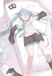 Rule 34 | 1girl, absurdres, ahoge, aqua hair, aqua nails, aqua necktie, bare shoulders, black skirt, black sleeves, black thighhighs, blanket, closed mouth, detached sleeves, electric fan, feet out of frame, furrowed brow, grey shirt, groin, hair ornament, unworn hair ornament, hatsune miku, highres, holding, holding blanket, hot, indoors, light blush, long hair, lying, midriff, miniskirt, motion blur, navel, necktie, okome (okome 0627ha), on back, on bed, open clothes, open mouth, open shirt, panties, partially undressed, pillow, pleated skirt, revision, shirt, shoulder tattoo, skirt, sleeveless, sleeveless shirt, sleeves past wrists, solo, sweat, tattoo, thighhighs, unworn thighhighs, tie clip, twintails, underwear, very long hair, vocaloid, white panties