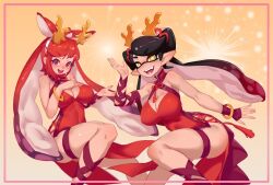 2girls :d arm_strap armlet bare_shoulders black_hair bow-shaped_hair breasts callie_(splatoon) china_dress chinese_clothes cleavage curvy dress dynamic_pose eye_mask fake_horns fangs feet_out_of_frame gradient_hair hairband hand_on_own_chest hand_up horns jewelry large_breasts leg_belt little123blood long_hair long_pointy_ears looking_at_viewer multicolored_hair multiple_girls nintendo open_mouth original pale_skin pointy_ears red_dress red_eyes red_hair red_straps short_eyebrows simple_background skin_tight skindentation smile splatoon_(series) spotted_hair star-shaped_pupils star_(symbol) suction_cups swept_bangs symbol-shaped_pupils tentacle_hair thick_eyebrows triangle-shaped_pupils twintails two-tone_hair very_long_hair wide_hips yellow_eyes yellow_pupils