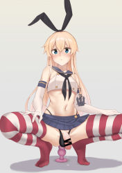 Rule 34 | 1girl, anal, anal object insertion, artist request, black ribbon, blonde hair, blue eyes, blush, censored, dildo, elbow gloves, feet, futanari, gloves, kantai collection, long hair, object insertion, penis, ribbon, ribbon hair, sex toy, shimakaze (kancolle), skirt, solo, squatting, striped clothes, striped thighhighs, testicles, thighhighs