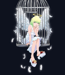 Rule 34 | absurdres, angel wings, birdcage, black background, blue eyes, breasts, cage, cleavage, dress, feathers, full body, green hair, halo, highres, ila (nnnnnnnn8), medium breasts, sandals, short hair, simple background, sitting, sleeveless, sleeveless dress, solo, white dress, white footwear, wings