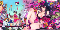 Rule 34 | 3girls, 6+boys, aircraft, ass, balloon, black hair, breasts, brown hair, building, camera, character request, cherry blossoms, city, cleavage, day, f.s., feet, folding fan, giant, giantess, hair ornament, hand fan, headdress, high heels, highres, hot air balloon, japanese clothes, kimono, large breasts, long hair, long image, looking at another, looking back, mecha, multiple boys, multiple girls, nail polish, off shoulder, open mouth, panties, parted lips, petals, purple eyes, purple hair, purple nails, robot, sandals, short hair, sitting, sky, smile, thighhighs, toes, tower, tray, tree, underwear, waitress, white legwear, white panties, wide image