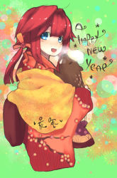 Rule 34 | blue eyes, blush, boar, japanese clothes, kimono, llell, new year, open mouth, red hair, smile, solo