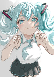 Rule 34 | 1girl, :3, absurdres, aoi sakura (seak5545), aqua eyes, aqua hair, aqua necktie, black skirt, commentary request, hands up, hatsune miku, highres, long hair, looking at viewer, necktie, pleated skirt, pointing, pointing at self, shirt, sidelighting, simple background, sketch, skirt, sleeveless, sleeveless shirt, smug, solo, twintails, very long hair, vocaloid, white background, white shirt, wing collar