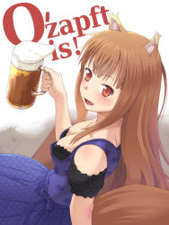 Rule 34 | 1girl, alcohol, animal ears, beer, beer mug, blush, breasts, brown hair, cleavage, cup, dirndl, downblouse, fang, female focus, floral print, german clothes, german text, holo, long hair, meow (nekodenki), mug, oktoberfest, red eyes, solo, spice and wolf, tail, text focus, traditional clothes, translated, wolf ears, wolf tail