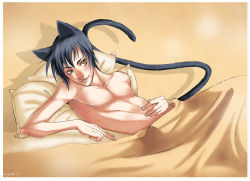Rule 34 | 1boy, animal ears, bed sheet, black hair, cat boy, cat ears, cat tail, highres, male focus, pillow, solo, tagme, tail, yellow eyes