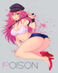 Rule 34 | 1girl, armlet, ass, blue shorts, bracelet, breasts, capcom, character name, cleavage, crop top, cutoffs, denim, denim shorts, final fight, green eyes, hat, high heels, jewelry, large breasts, legs, lips, long hair, looking at viewer, midriff, pink hair, poison (final fight), riding crop, rona090, shoes, short shorts, shorts, sideboob, solo