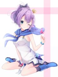 Rule 34 | 1girl, ;), azur lane, between legs, black ribbon, black socks, blue footwear, blush, boots, breasts, camisole, closed mouth, commentary request, crown, full body, gloves, green eyes, hair between eyes, hair ribbon, hand between legs, hand up, head tilt, high ponytail, javelin (azur lane), kneehighs, mini crown, one eye closed, plaid, plaid skirt, ponytail, purple eyes, purple skirt, ribbon, see-through, sidelocks, single glove, sitting, skirt, small breasts, smile, socks, solo, suzume anko, tilted headwear, wariza, white camisole, white gloves