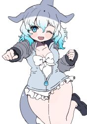 Rule 34 | 010mzam, black footwear, blowhole, blue eyes, blue hair, blush, bow, bowtie, cardigan, cetacean tail, collarbone, common bottlenose dolphin (kemono friends), dolphin girl, dorsal fin, fins, fish tail, frilled one-piece swimsuit, frills, grey hair, grey sweater, hair between eyes, head fins, highres, kemono friends, loafers, long sleeves, multicolored hair, one-piece swimsuit, one eye closed, open cardigan, open clothes, open mouth, punching, shoes, sidelocks, smile, standing, standing on one leg, sweater, swimsuit, tail, two-tone sweater, white bow, white bowtie, white hair, white one-piece swimsuit