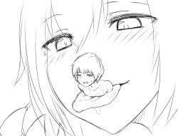 Rule 34 | 1boy, 1girl, blush, giant, giantess, highres, monochrome, one eye closed, original, saliva, seirinpaul, size difference, tongue, tongue out, vore