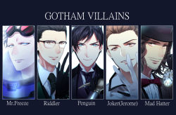 Rule 34 | 5boys, absurdres, animification, araragi soushi, batman (series), black gloves, black hair, black headwear, blue eyes, bow, bowtie, brown eyes, brown hair, cane, character name, copyright name, dc comics, edward nygma, facial hair, formal, glasses, gloves, goggles, goggles on head, gotham (series), hat, highres, jerome valeska, jervis tetch, looking at viewer, mad hatter (dc), male focus, mr. freeze, multiple boys, mustache, necktie, oswald chesterfield cobblepot, red bow, stubble, suit, the joker, watch, white gloves