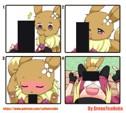 Rule 34 | 10s, 4koma, ^^^, absurdres, artist name, bar censor, bench, bestiality, blonde hair, blush, brown eyes, censored, closed eyes, comic, commentary, creatures (company), eevee, female protagonist (pokemon go), fingerless gloves, flower, futanari, game freak, gen 1 pokemon, gloves, grass, greenteaneko, hair flower, hair ornament, hand to own mouth, head back, highres, implied fellatio, implied futanari, licking, nintendo, one eye closed, open mouth, oral, pantyhose, pokemon, pokemon (creature), pokemon go, pokephilia, sexually suggestive, simple background, sitting, square 4koma, sweat, sweatdrop, tongue, tongue out, watermark, web address, white background, wide-eyed