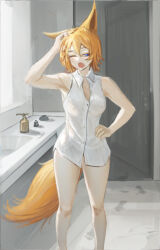 Rule 34 | adelie(assaultharpy), animal ears, assaultharpy, bare arms, bare legs, blonde hair, blue eyes, footprints, fox ears, fox girl, fox tail, hand on own head, looking at viewer, naked shirt, one eye closed, original, shirt, tail, white shirt, yawning