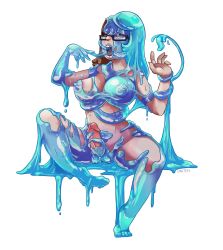 Rule 34 | 1futa, breasts, cavitees, covered erect nipples, futanari, glasses, highres, large breasts, long hair, monster girl, open mouth, penis, pussy, simple background, slime girl, solo, symbiote, tagme, transformation, uncensored