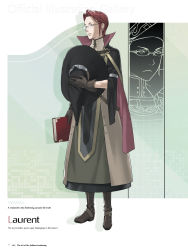 Rule 34 | 1boy, absurdres, book, boots, cape, character name, closed mouth, fire emblem, fire emblem awakening, full body, glasses, gloves, hat, highres, holding, kozaki yuusuke, laurent, male focus, nintendo, official art, page number, parted bangs, quill, red eyes, red hair, robe, solo, standing, turtleneck, wizard, wizard hat