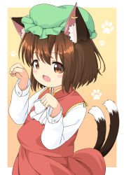 Rule 34 | 1girl, :3, :d, animal ear fluff, animal ears, beige background, blush, border, bow, bowtie, brown eyes, brown hair, cat day, cat ears, cat tail, chen, fang, flat chest, gold trim, green hat, hands up, hat, highres, long sleeves, looking ahead, mob cap, multiple tails, nekomata, open mouth, outside border, paw pose, paw print, paw print background, pila-pela, red skirt, red vest, shirt, short hair, simple background, skirt, smile, solo, tail, touhou, two tails, upper body, vest, white border, white bow, white bowtie, white shirt