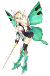 Rule 34 | 1girl, arm guards, armored boots, bare shoulders, blonde hair, blue eyes, blush, boots, breasts, cleavage, commentary request, dress, elbow gloves, elf, fairy, full body, gloves, hair ornament, high heels, high ponytail, holding, holding sword, holding weapon, knee boots, long hair, looking at viewer, mechanical wings, medium breasts, open mouth, original, pointy ears, ponytail, rapier, shiny skin, short dress, sidelocks, simple background, sleeveless, sword, thighhighs, thighs, tony taka, weapon, white background, wings