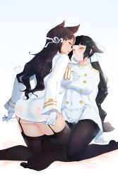 Rule 34 | 2girls, animal ears, ass, atago (bilan hangxian), azur lane, back, bed sheet, black hair, black legwear, blunt bangs, bow, breasts, brown legwear, buttons, closed mouth, dress, from behind, full body, garter straps, gloves, hair bow, hair ribbon, half gloves, hand on own chest, highres, katana, kneeling, long hair, long sleeves, looking at viewer, looking back, medium breasts, military, military uniform, miniskirt, multiple girls, no shoes, on bed, orange eyes, panties, panties under pantyhose, panty pull, pantyhose, pantyshot, parted lips, pink lips, pleated skirt, ponytail, pulling own clothes, ribbon, see-through, sidelocks, signature, sitting, skirt, smile, sword, takao (bilan hangxian), thighband pantyhose, thighhighs, thighs, tsurime, underwear, uniform, very long hair, weapon, white bow, white gloves, white panties, white ribbon, white skirt, yellow eyes, yueguang zhanglang