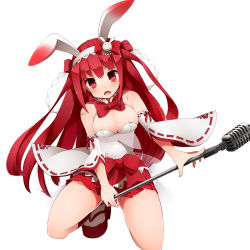 Rule 34 | 1girl, animal ears, bad id, bad nicoseiga id, bare shoulders, beatmania, beatmania iidx, blush, bow, breasts, cleavage, detached sleeves, kinakomoti, large breasts, long hair, looking at viewer, microphone, open mouth, rabbit ears, red eyes, red hair, simple background, skirt, solo, umegiri ameto, white background, white legwear