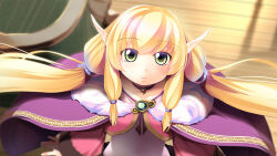 Rule 34 | 1girl, atelier-moo, blonde hair, cloak, closed mouth, elf, from above, gem, green eyes, hair between eyes, long hair, long pointy ears, narrow waist, our battle has just begun!, pointy ears, smile, solo, standing, synsya, twintails, very long hair