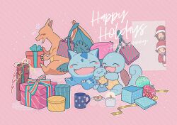 1boy 1girl blush_stickers brown_hair candle charizard checkerboard_cookie christmas_ornaments christmas_present claws commentary cookie creatures_(company) cup dated fangs food game_freak gen_1_pokemon gift happy happy_holidays hat highres ivysaur leaf_(pokemon) mug musical_note nintendo no_humans open_mouth pokemon pokemon_(creature) pokemon_frlg red_(pokemon) ribbon santa_hat signature squirtle stuffed_animal stuffed_toy symbol-only_commentary yasaikakiage