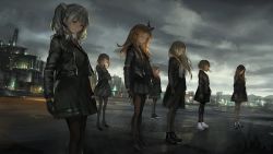 Rule 34 | 6+girls, black bow, black footwear, black gloves, black legwear, black skirt, blunt bangs, bow, closed eyes, closed mouth, cloud, cloudy sky, crossed arms, day, dress, from side, gloves, hair bow, jacket, leather, leather jacket, light smile, lm7 (op-center), long hair, multiple girls, original, outdoors, pantyhose, pleated dress, pleated skirt, shirt, shoes, silver hair, skirt, sky, socks, standing, twintails, white footwear, white legwear, white shirt