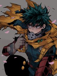 Rule 34 | 1boy, adjusting clothes, arm between legs, backpack, bag, bags under eyes, belt, bodysuit, boku no hero academia, bright pupils, buckle, cape, chiyaya, closed mouth, clothes grab, dust, falling petals, floating cape, floating hair, freckles, frown, gloves, green bodysuit, green eyes, green hair, grey background, hair between eyes, hand up, highres, looking to the side, male focus, midoriya izuku, official alternate costume, petals, red belt, scratches, short hair, sideways glance, simple background, snap-fit buckle, solo, spoilers, squatting, torn cape, torn clothes, torn sleeves, upper body, utility belt, white pupils, wind, yellow bag, yellow cape