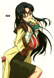 Rule 34 | 00s, 1girl, book, breasts, glasses, highres, huge breasts, large breasts, miura takehiro, mouth hold, read or die, scan, solo, yomiko readman