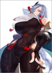 Rule 34 | 1girl, absurdres, black gloves, blue eyes, blush, bodysuit, braid, breasts, clothing cutout, covered navel, elbow gloves, genshin impact, gloves, hair ornament, hair over one eye, highres, hip vent, kei (soundcross), large breasts, long hair, long sleeves, looking at viewer, low-braided long hair, low-tied long hair, partially fingerless gloves, puffy long sleeves, puffy sleeves, shenhe (genshin impact), shoulder cutout, solo, tabard, tassel, thighs, very long hair, white hair