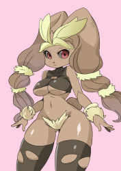 Rule 34 | 1girl, bare shoulders, black sclera, black thighhighs, breasts, cleavage, collarbone, colored sclera, creatures (company), furry, furry female, game freak, gen 4 pokemon, half-closed eyes, highres, large breasts, legs apart, looking at viewer, lopunny, mega lopunny, mega pokemon, navel, nintendo, pink background, pokemon, pokemon (creature), pokemon dppt, red eyes, shepherd0821, simple background, skindentation, solo, sports bra, standing, thighhighs, torn clothes, torn thighhighs, underboob