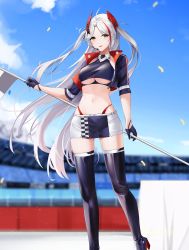Rule 34 | 1girl, :d, ahoge, azur lane, black footwear, black gloves, black jacket, black shirt, black skirt, blue sky, blurry, blurry background, boots, breasts, checkered flag, chinese commentary, cloud, commentary request, confetti, crop top, cropped shirt, cross, day, earpiece, flag, gloves, hair between eyes, half gloves, headgear, highleg, highleg panties, highres, holding, holding flag, iron cross, jacket, large breasts, long hair, looking at viewer, midriff, multicolored hair, nail polish, navel, official alternate costume, open clothes, open jacket, open mouth, outdoors, panties, panty straps, parted bangs, prinz eugen (azur lane), prinz eugen (final lap) (azur lane), qing wu, race queen, racetrack, red hair, red panties, rudder footwear, shirt, short sleeves, sidelocks, skindentation, skirt, sky, sleeveless, sleeveless shirt, smile, solo, standing, streaked hair, swept bangs, thigh boots, thighhighs, two-tone hair, two-tone skirt, two side up, underboob, underbust, underwear, very long hair, white hair, white skirt, yellow eyes, zettai ryouiki