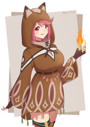 Rule 34 | 1girl, absurdres, animal hood, artist name, black gloves, blush, border, breasts, commentary request, cowboy shot, disguised pyra (xenoblade), fingerless gloves, fire, gloves, highres, hood, hood up, large breasts, long sleeves, looking at viewer, parted lips, pyra (xenoblade), red eyes, red hair, ryochan96154, smile, solo, swept bangs, xenoblade chronicles (series), xenoblade chronicles 2