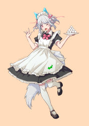 Rule 34 | 1girl, ;d, alternate costume, animal ears, apron, black dress, black footwear, bow, brown background, collared dress, copyright request, dango, dress, enmaided, fang, food, frilled apron, frills, full body, grey hair, hands up, highres, holding, holding plate, kazuharu kina, looking at viewer, maid, maid apron, maid headdress, one eye closed, open mouth, pink bow, plate, puffy short sleeves, puffy sleeves, red eyes, ribbon-trimmed legwear, ribbon trim, shoes, short sleeves, simple background, smile, solo, standing, standing on one leg, tail, thighhighs, twitter username, virtual youtuber, wagashi, white apron, white thighhighs