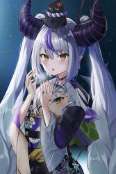 Rule 34 | 1girl, absurdres, animal, animal on head, bird, bird on head, black choker, blush, character print, cherre, choker, commentary request, crow (la+ darknesss), demon horns, hair between eyes, hands up, highres, hololive, horns, japanese clothes, kimono, la+ darknesss, la+ darknesss (new year), long hair, long sleeves, multicolored hair, obi, on head, parted lips, pointy ears, print kimono, purple hair, sash, self character print, silver hair, solo, streaked hair, twintails, upper body, very long hair, virtual youtuber, yellow eyes