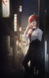 Rule 34 | 1girl, absurdres, billboard, black necktie, black pants, braid, building, candy, chainsaw man, city, cityscape, collared shirt, feet out of frame, film grain, food, from side, hair between eyes, highres, holding, holding candy, holding clothes, holding food, holding jacket, holding lollipop, jacket, unworn jacket, junko-g, lantern, leaning on object, lollipop, long hair, long sleeves, looking at viewer, makima (chainsaw man), necktie, night, night sky, open mouth, outdoors, pants, paper lantern, power lines, red hair, ringed eyes, scenery, shirt, side braid, single braid, sky, smile, solo focus, standing, storefront, utility pole, white shirt, yellow eyes