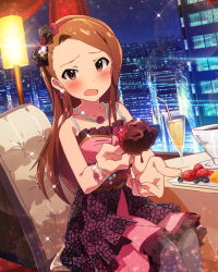 Rule 34 | 10s, 1girl, alcohol, blush, bracelet, brown eyes, brown hair, champagne, chocolate, chocolate covered, city, city lights, cityscape, d:, dress, earrings, feeding, floral print, fondue, food, foreshortening, fruit, headband, idolmaster, idolmaster (classic), idolmaster million live!, jewelry, long hair, minase iori, musical note, necklace, night, open mouth, pantyhose, print dress, strawberry, window