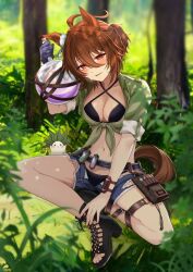 Rule 34 | 1girl, agnes tachyon (lunatic lab) (umamusume), agnes tachyon (umamusume), animal ears, bikini, black bikini, blue shorts, blurry, blurry background, blush, breasts, brown hair, cleavage, commentary, criss-cross halter, denim, denim shorts, emil1030 blue, flask, forest, gladiator sandals, gloves, green jacket, hair between eyes, halterneck, highres, holding, horse ears, horse girl, jacket, looking at viewer, medium breasts, nature, official alternate costume, official alternate hairstyle, outdoors, red eyes, round-bottom flask, sandals, shorts, single glove, smile, solo, swimsuit, umamusume