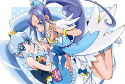 Rule 34 | 10s, 2girls, blue bow, blue eyes, blue hair, blue skirt, boo (takagi), bow, brooch, choker, color connection, crown, cure diamond, cure princess, curly hair, diamond hands, dokidoki! precure, earrings, happinesscharge precure!, heart, heart brooch, hishikawa rikka, jewelry, long hair, magical girl, mini crown, multiple girls, ponytail, precure, shirayuki hime, shoes, sidelocks, skirt, smile, twintails