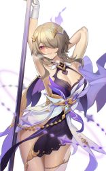 Rule 34 | 1girl, absurdres, arm up, armpits, bare shoulders, breasts, brown hair, cleavage, dress, hair ornament, hair over one eye, highres, holding, holding scythe, holding weapon, honkai (series), honkai impact 3rd, large breasts, long hair, looking at viewer, looking back, mole, mole under eye, purple eyes, rita rossweisse, rita rossweisse (spina astera), scythe, simple background, single thighhigh, sleeveless, sleeveless dress, smile, solo, thighhighs, tutou jiang, weapon, white background, white dress, white thighhighs