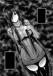 Rule 34 | 1girl, breast suppress, breasts, female focus, greyscale, hair over one eye, long hair, looking at viewer, medium breasts, monochrome, mugenshiki, original, ribbed sweater, smile, solo, standing, sweater, thighhighs, very long hair