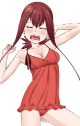 Rule 34 | 1girl, arm up, breasts, brown hair, cleavage, cowboy shot, easy (aqk7bdqt), closed eyes, facing viewer, fangs, long hair, lynn (tokedase! mizorechan), medium breasts, pajamas, pointy ears, red pajamas, simple background, solo, standing, tokedase! mizorechan, wavy mouth, white background, yawning