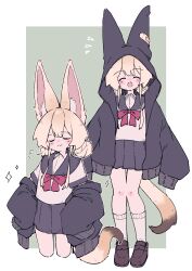 Rule 34 | 1girl, :3, puff of air, ^ ^, absurdres, animal ear fluff, animal ears, bandaid, bandaid on clothes, black hoodie, blonde hair, blush, border, bow, bowtie, brown footwear, closed eyes, closed mouth, commentary request, cropped legs, double bun, facing viewer, film grain, fox ears, fox girl, fox tail, full body, green background, grey sailor collar, grey skirt, hair bun, hands on own hips, highres, hood, hoodie, jacket, jacket partially removed, loafers, long sleeves, medium hair, megateru, multiple views, nose blush, notice lines, open clothes, open hoodie, open mouth, original, outside border, pleated skirt, red bow, red bowtie, sailor collar, school uniform, serafuku, shirt, shoes, sidelocks, simple background, skirt, sleeves past fingers, sleeves past wrists, smile, smug, socks, sparkle, standing, tail, white border, white shirt, white socks