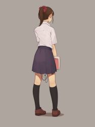 Rule 34 | 1girl, absurdres, android, brown hair, collared shirt, damaged, facing away, from behind, full body, hair ornament, hair scrunchie, highres, holding, holding notebook, kneehighs, loafers, mecha-jk, mechanical parts, medium hair, meikaa, notebook, original, ponytail, school uniform, scrunchie, shirt, shoes, simple background, socks, solo, standing, uniform