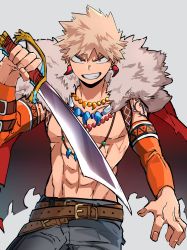 Rule 34 | 1boy, abs, absurdres, bakugou katsuki, belt, blonde hair, boku no hero academia, cape, commentary request, cowboy shot, cutlass, cutlass, detached sleeves, earrings, fur-trimmed cape, fur trim, grey background, grin, highres, holding, holding sword, holding weapon, jewelry, kai2 ly, looking at viewer, male focus, multiple necklaces, necklace, official alternate costume, orange sleeves, pants, pectorals, red cape, red eyes, short hair, shoulder tattoo, simple background, smile, solo, spiked hair, standing, sword, tattoo, toned, toned male, topless male, weapon